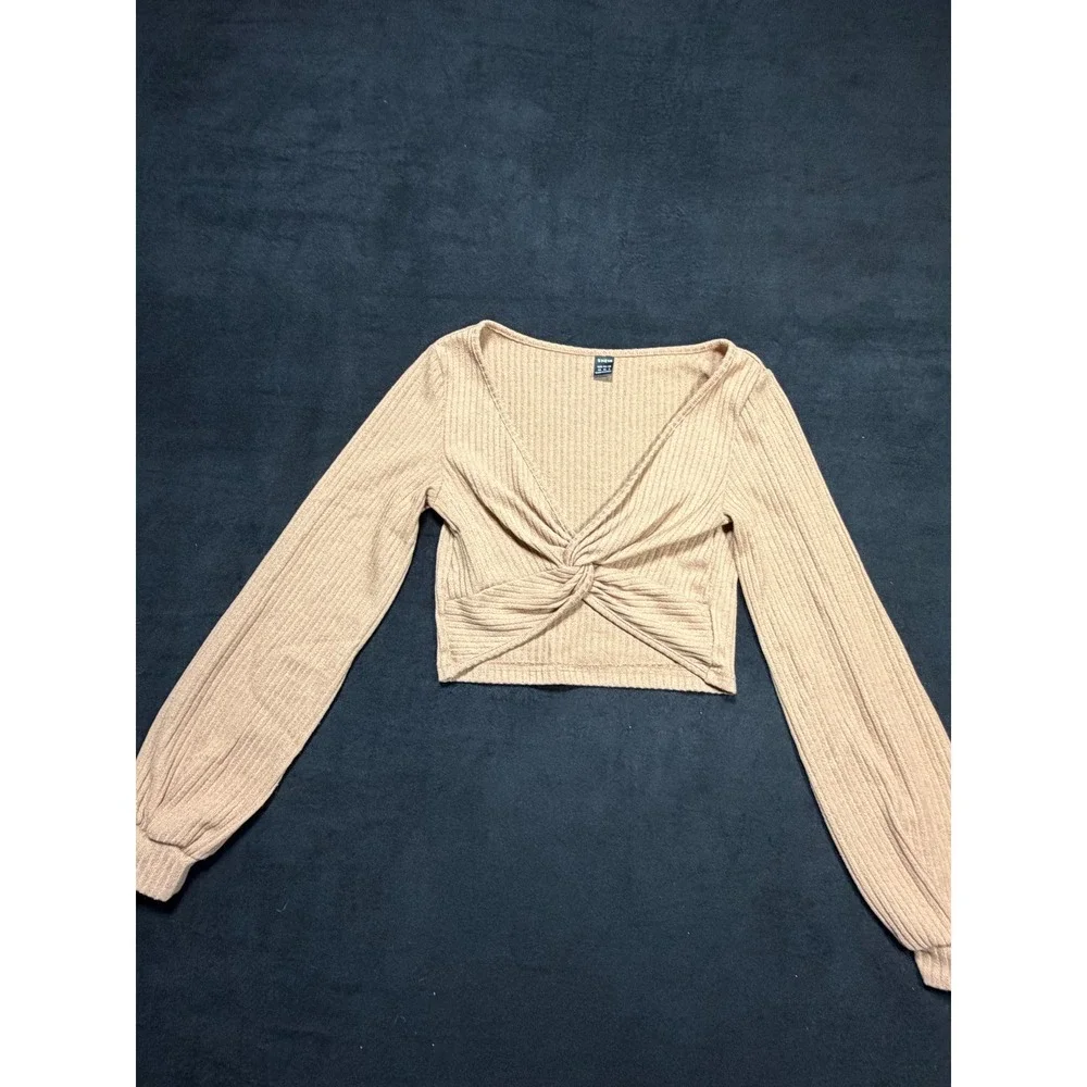 SHEIN Women's Beige Ribbed Twist Front Long Sleeve Crop Top XS